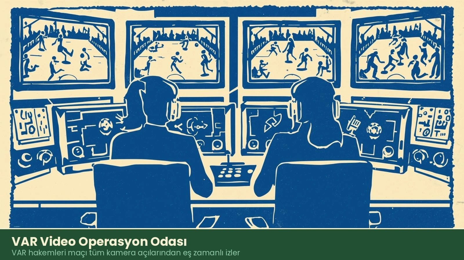 VAR video operasyon odasında birden fazla ekran önünde oturan iki kadın hakem kulaklıkla maç izliyor